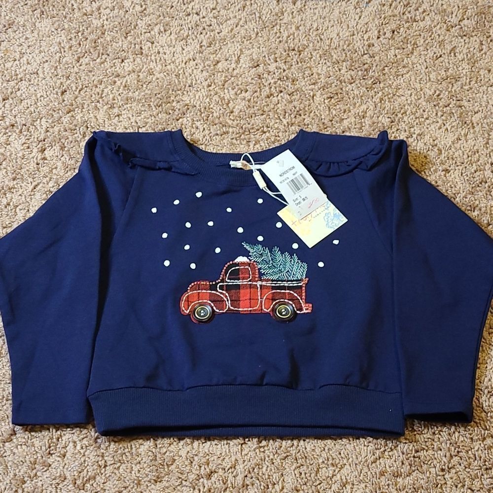 Truly Me by Sara Sara Christmas Truck Sweater with cute ruffles & rhinestones.